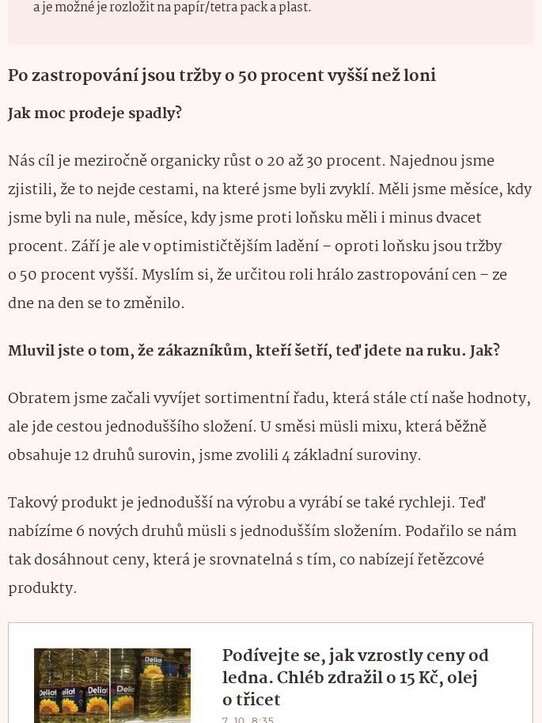 Méně přísad, levnější obal. Výrobce müsli musí vyhovět zákazníkům, kteří šetří