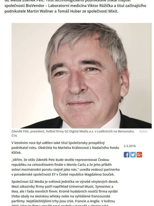 denik.cz: Podnikatelem roku je majitel společnosti GZ Media Zdeněk Pelc
