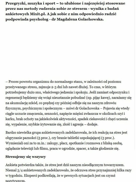 Zwierciadlo.pl: Sposoby Polaków na stres