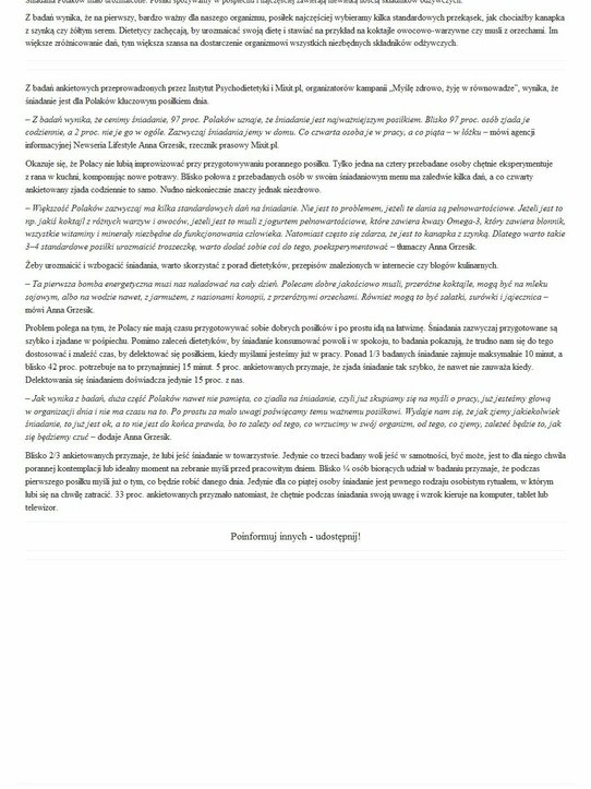 Śniadania Polaków mało urozmaicone. Posiłki spożywamy w pośpiechu i najczęściej zawierają niewielką ilością składników odżywczych
