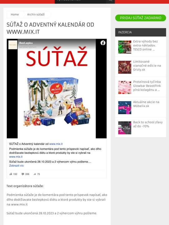 Súťaž o Adventný kalendár od www.mix.it