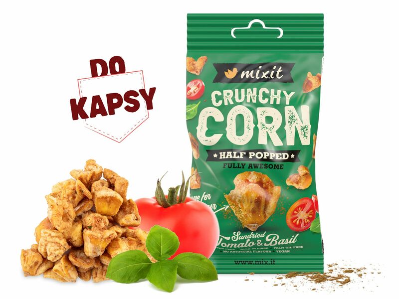 Crunchy corn do kapsy – Rajče & bazalka