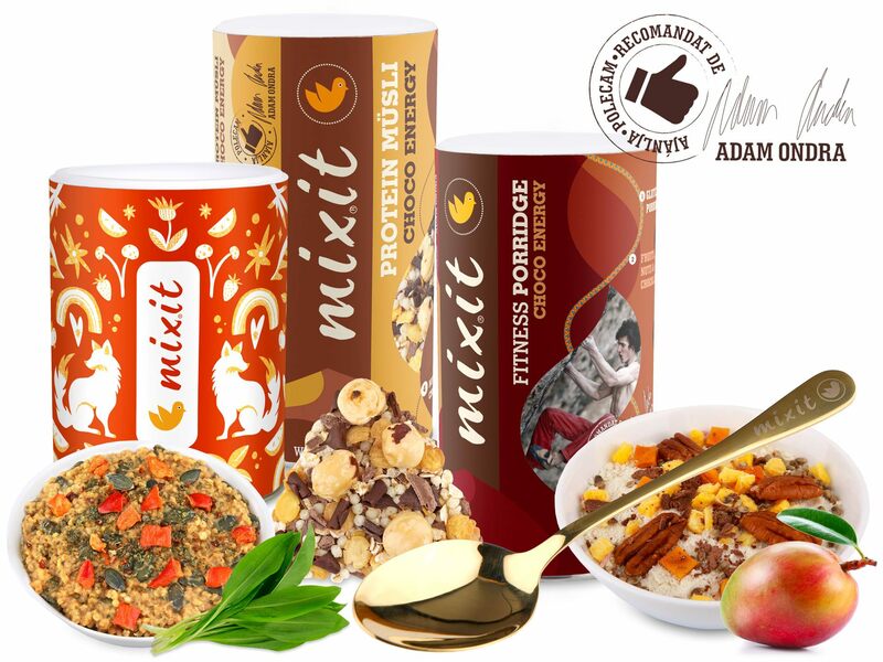 Mixit müzli, csokis és zöldséges kása, arany kanállal