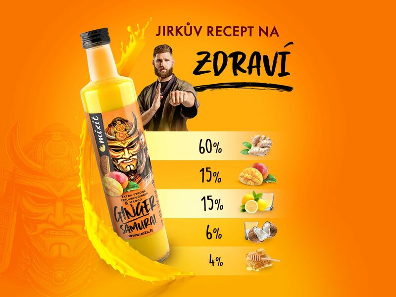 Mixit Ginger Samurai – Zázvorový nápoj s mangem Jirky Procházky. Nealkoholický zázvorový nápoj s ovocem lisovaný za studena.