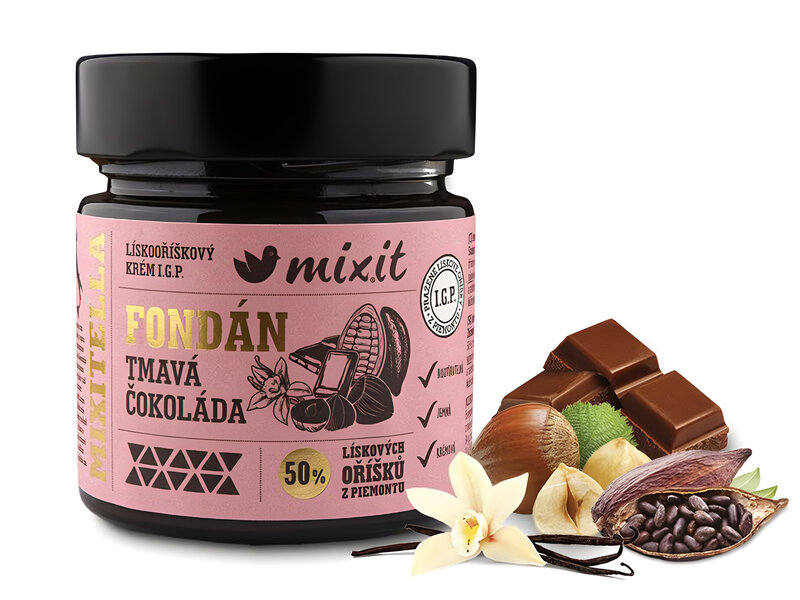 Mixitella lieskový orech krém pomazánka Piemont tmavá čokoláda fondán palacinky