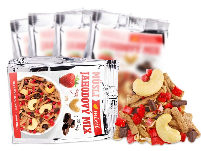 müsli jahoda čokoláda kešu snídaně porce