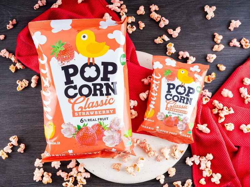 BIO popcorn s lyofilizovaným ovocem v malém a velkém balení – jahoda Mixit