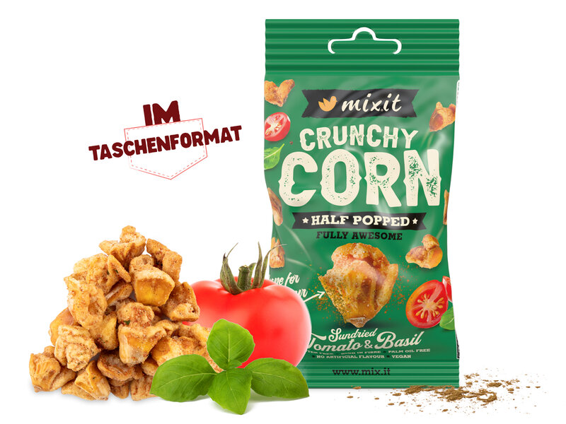 Geschenk – Crunchy Corn – Tomaten & Basilikum im Taschenformat